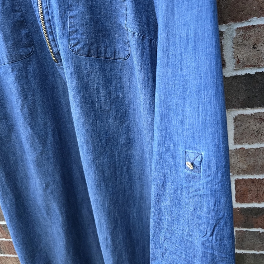 Anne Klein Indigo Chambray Look Shirt Dress Size 14 Half Zip Roll Tab Sleeves - Picture 6 of 10